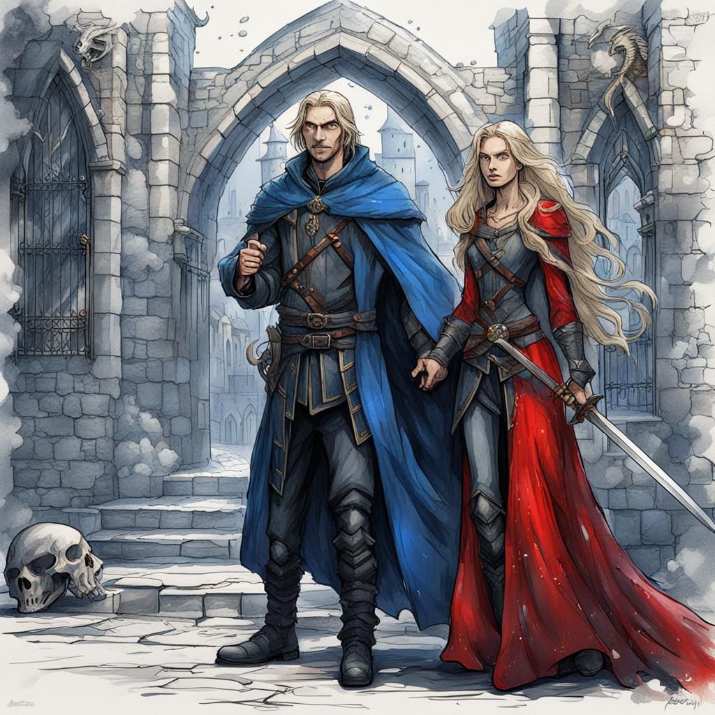 Medieval Couple at Dragon Gate: Ink Sketch