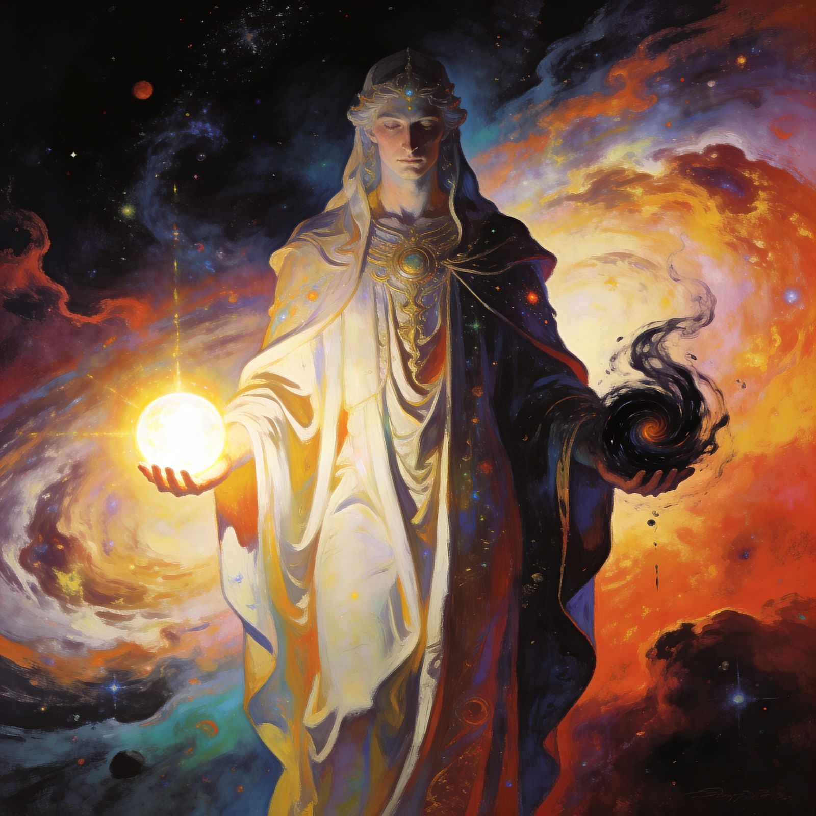 Cosmic Figure Holding Light and Darkness, Surreal Art