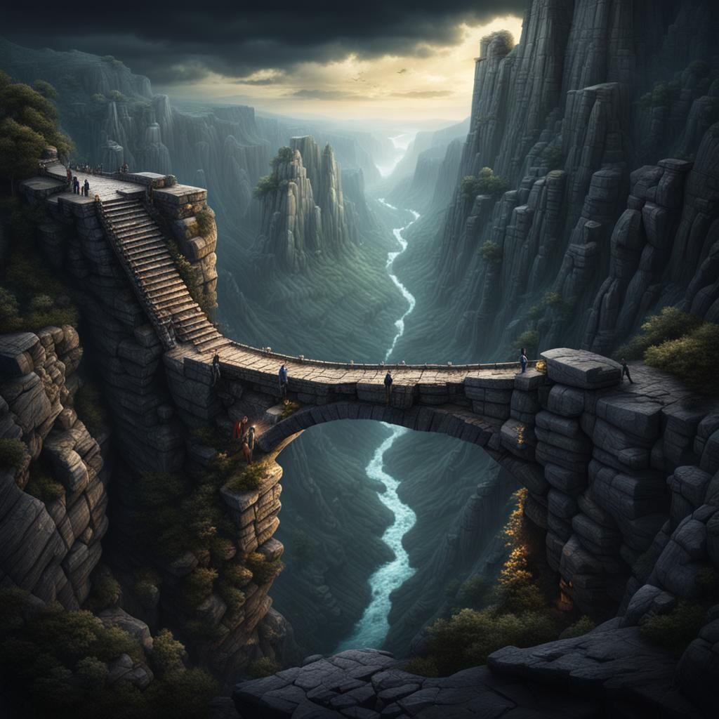 Ominous Stone Bridge Over Deep Chasm in Dark Fantasy