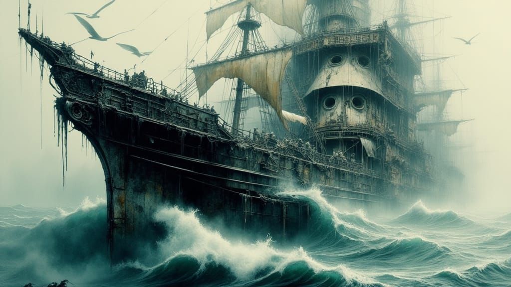 Ship Figurehead Dissolves into Harbor Mist as Gulls