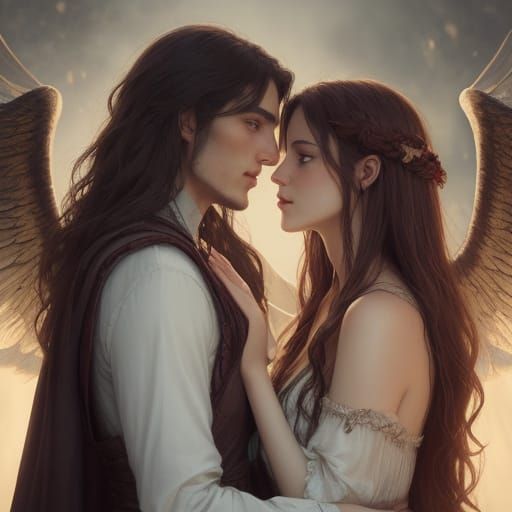 Romantic Incubus and Woman Kiss in Fantasy Art