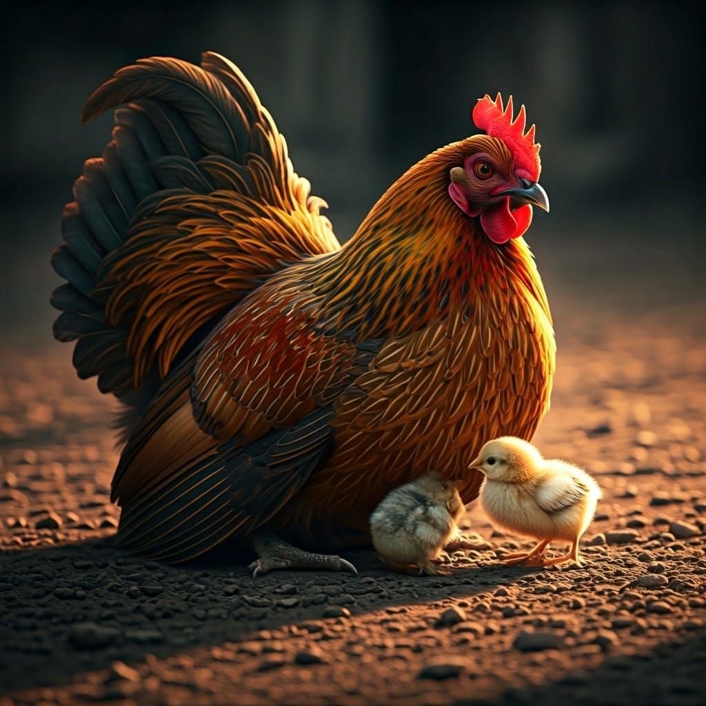 Majestic Mother Hen with Chicks in Golden Hour Light