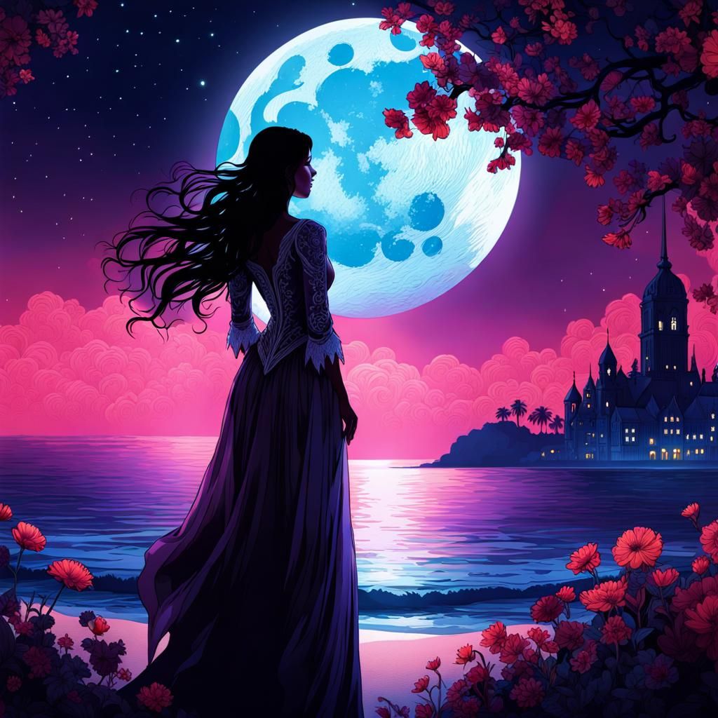 Moonlit Beach Scene in Rococo Style