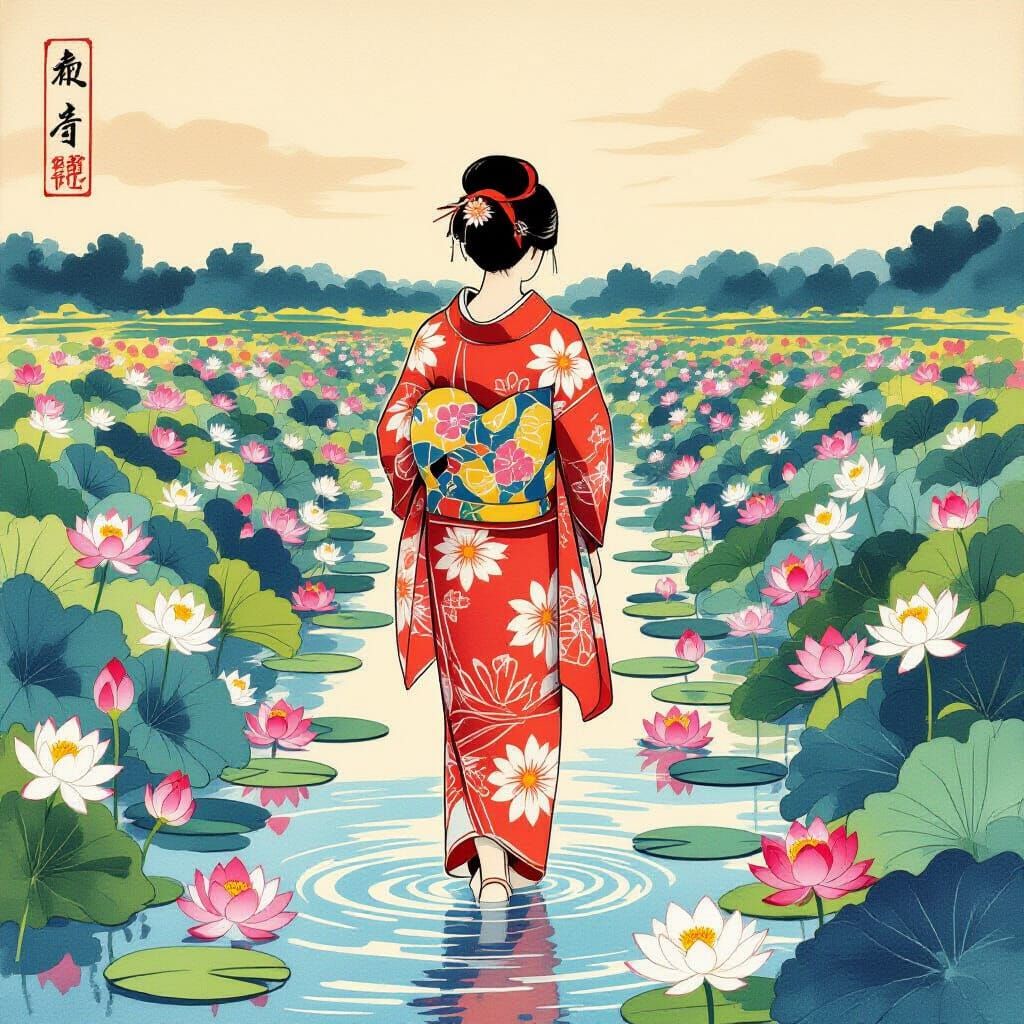 Serene Kimono Woman in Lotus Field, Ukiyo-e Style