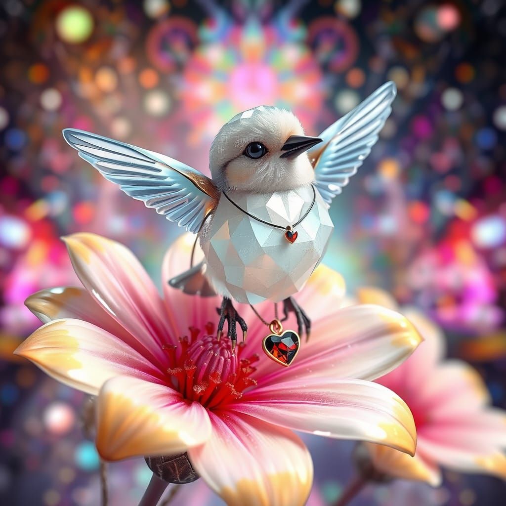 Crystal Bird on Flower: Holographic Astral Illustration