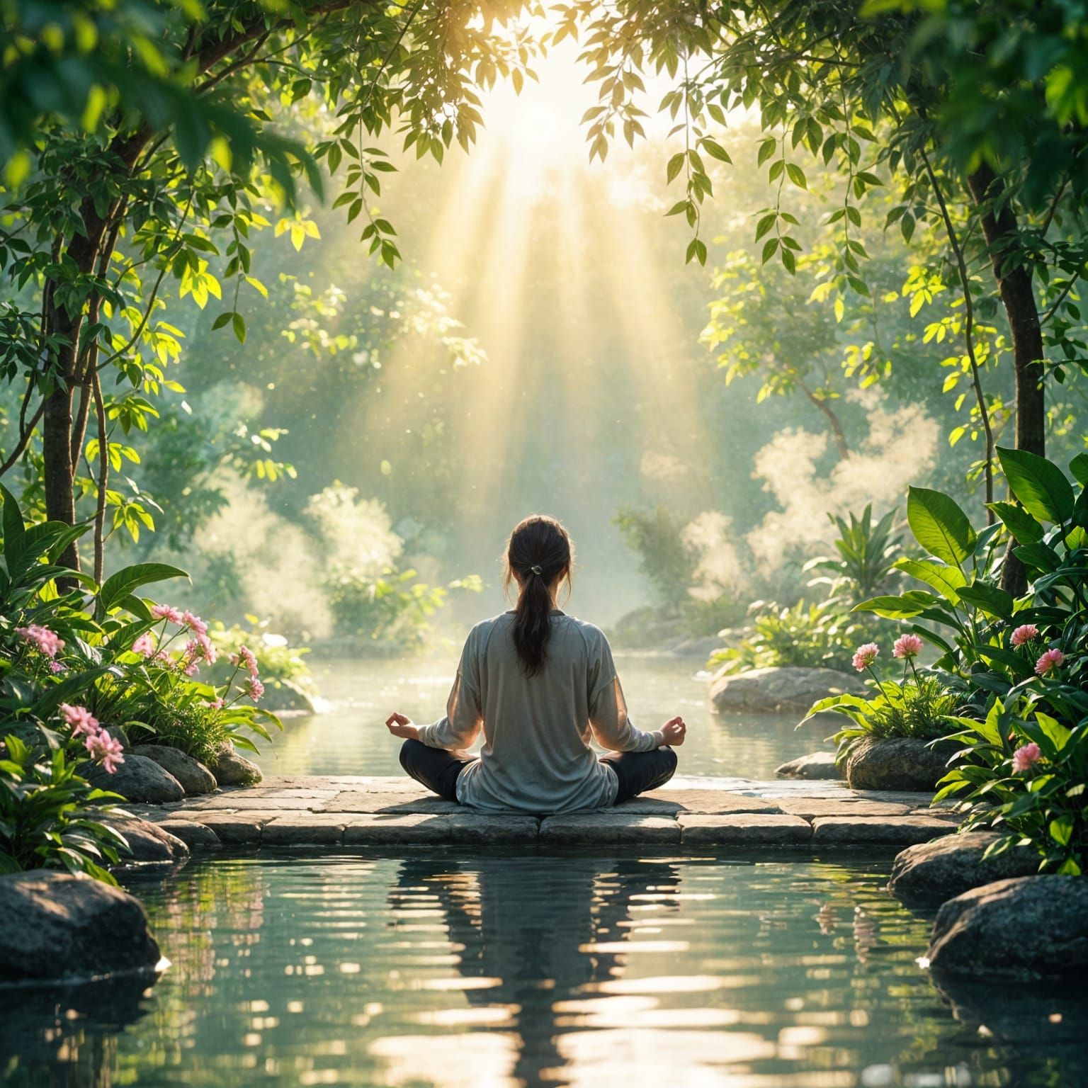 Tranquil Garden Meditation Scene with Warm Aura