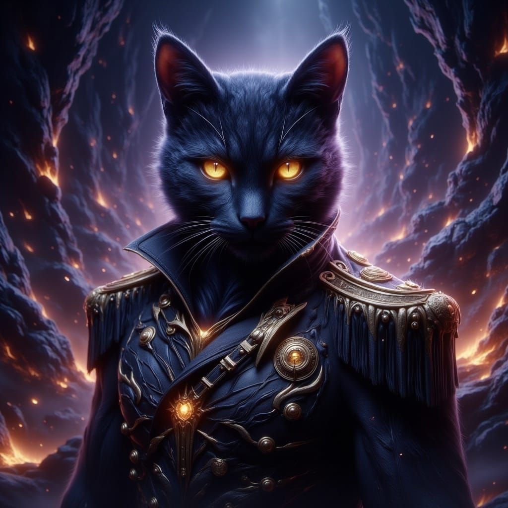 Black Battle Cat in Uniform, Dark Fantasy Concept Art