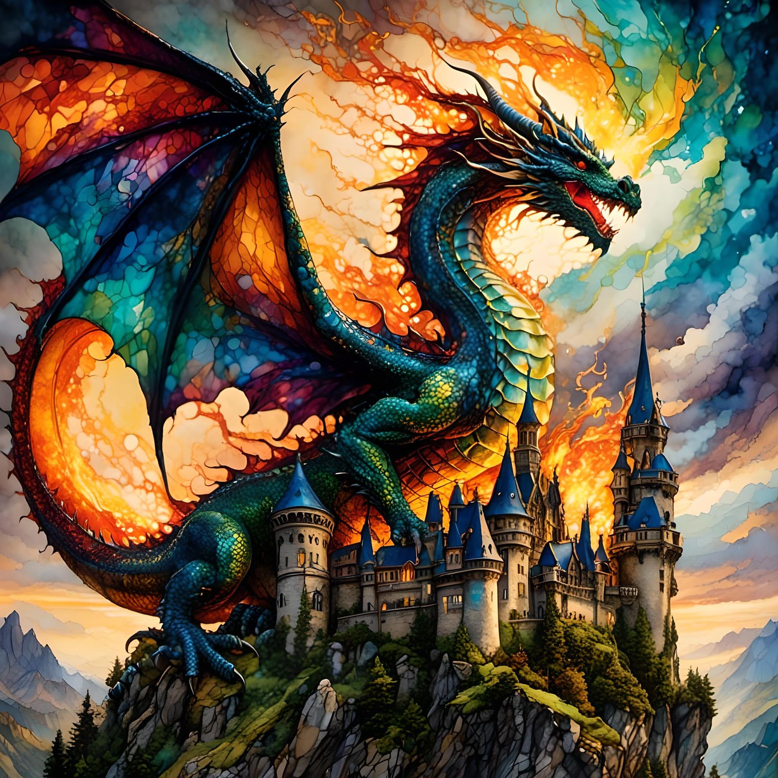 Dragon Attacking Castle in Alcohol Ink Style