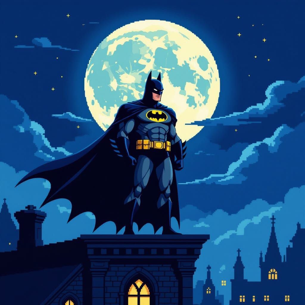 Pixel Art Batman on Gothic Rooftop Under Full Moon