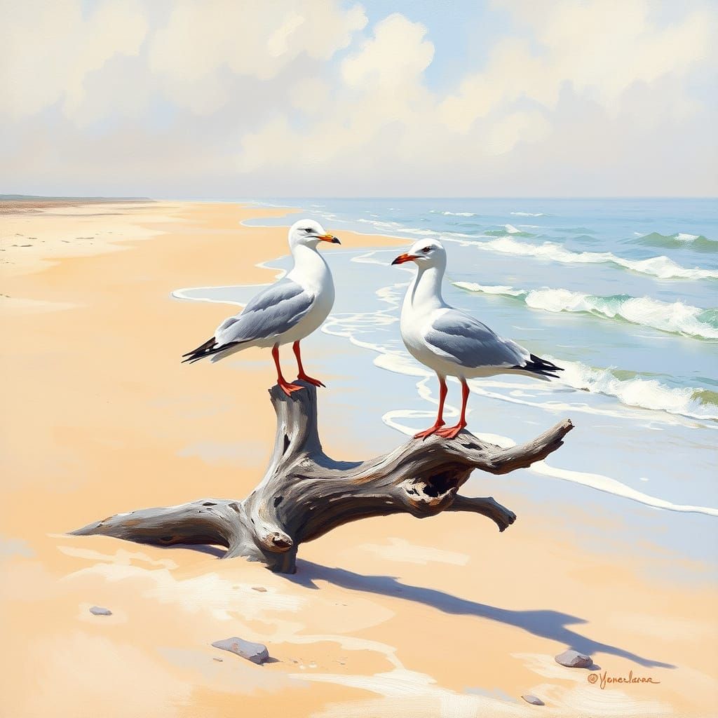 Seagulls on Weathered Driftwood Against Monet-Inspired Beach...