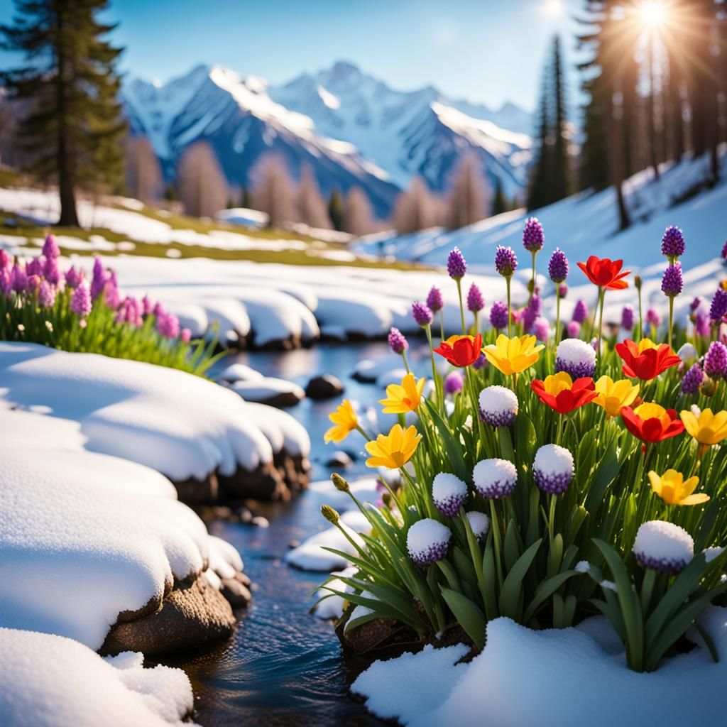 Spring Meadow with Snow-Capped Mountains, Professional Photo...