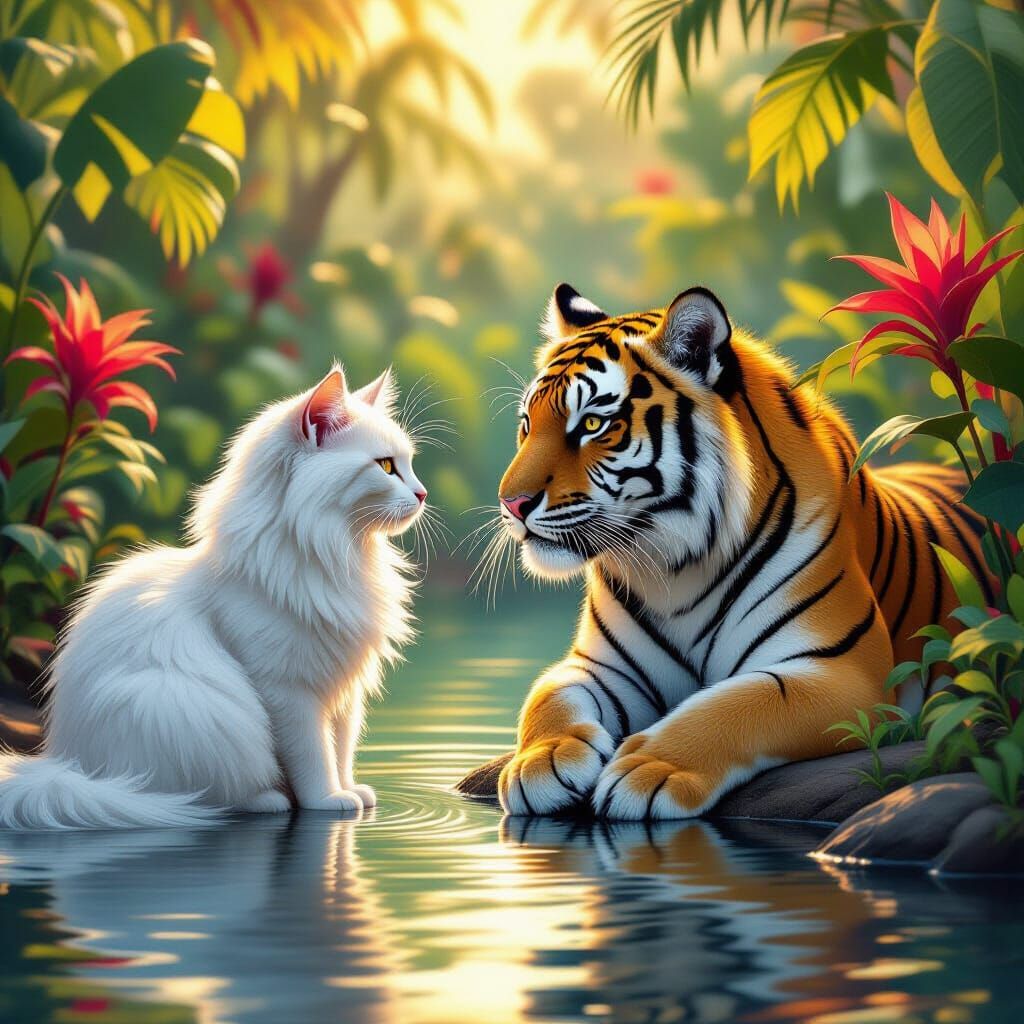 Cat and Tiger Meeting in Tropical Dreamscape