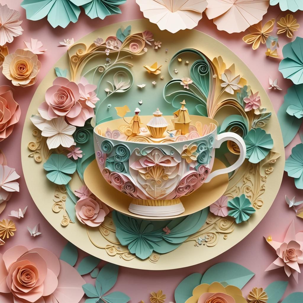 Romantic Couple in Origami Teacup Papercraft Art