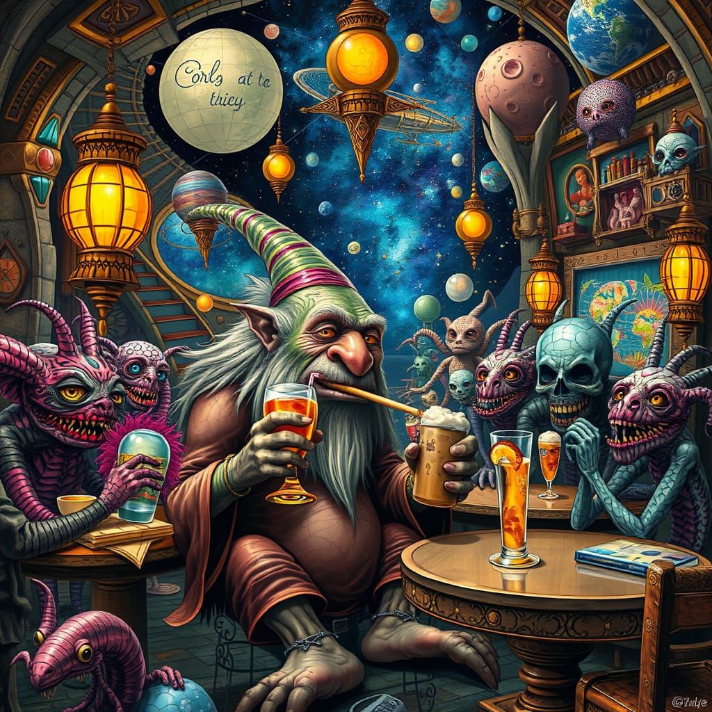 Cosmic Troll in Galactic Cafe: Psychedelic Digital Art