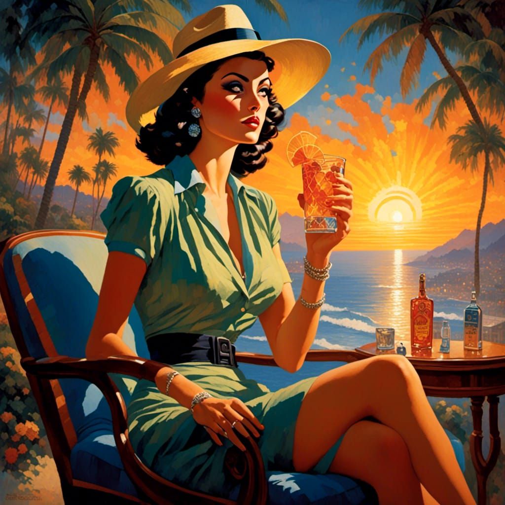 Elegant Woman in Fedora with Drink, Pin-Up Style