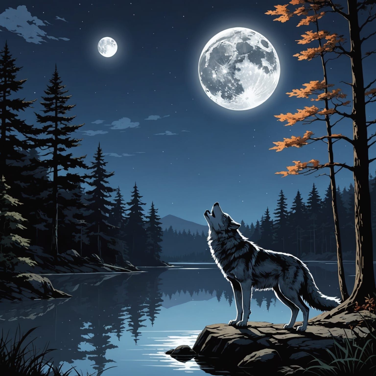 Wolf Howling at Moon in Anime Style