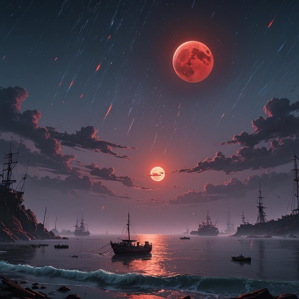 Red Moon Setting into Ocean with Shooting Stars