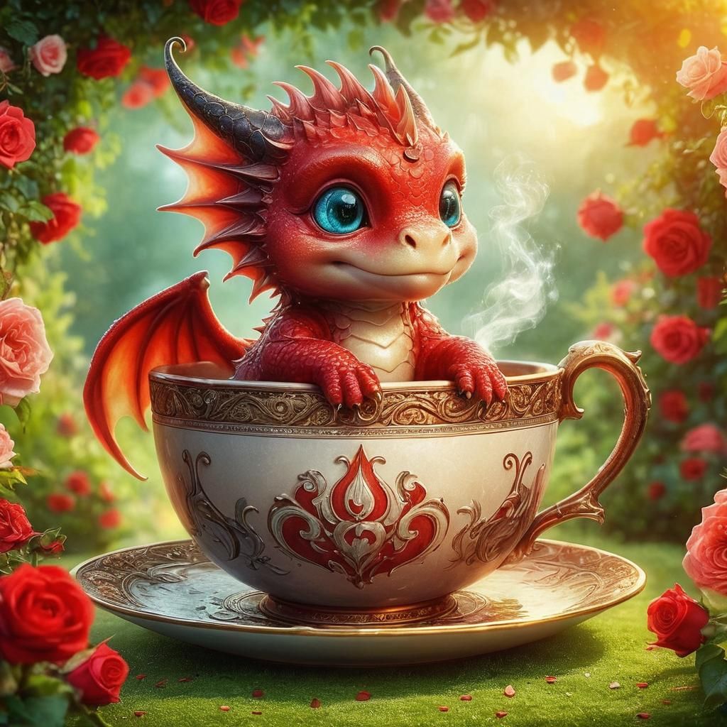 Baby Red Dragon in Teacup Fantasy Art