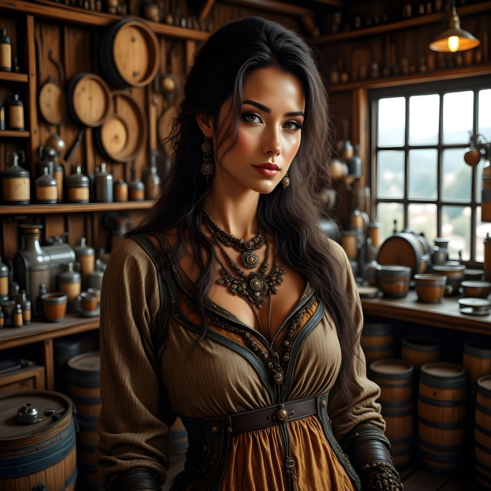 Woman in Wooden Barrel in Woodsy Store