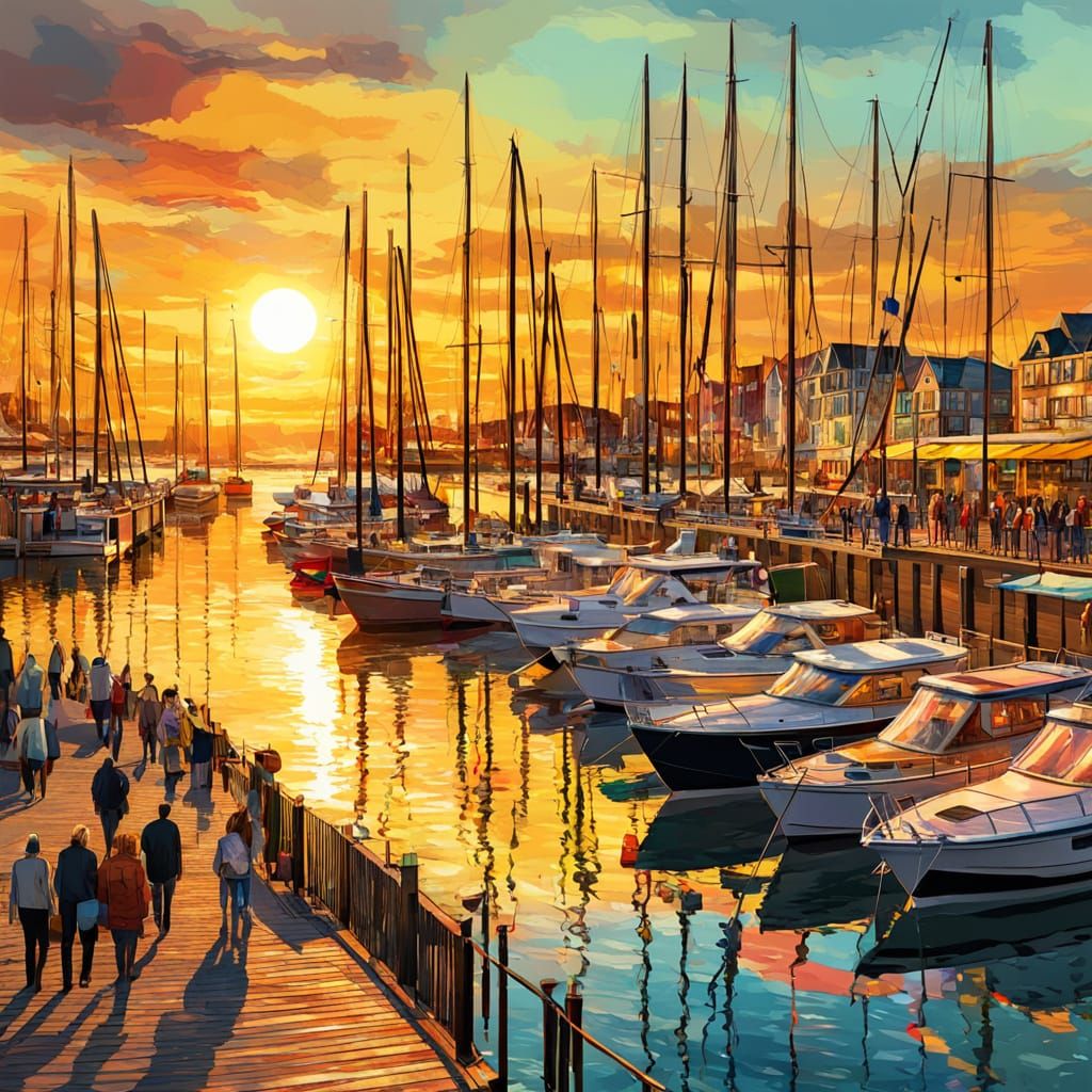 Sunset Marina Boardwalk: Mixed Media Illustration