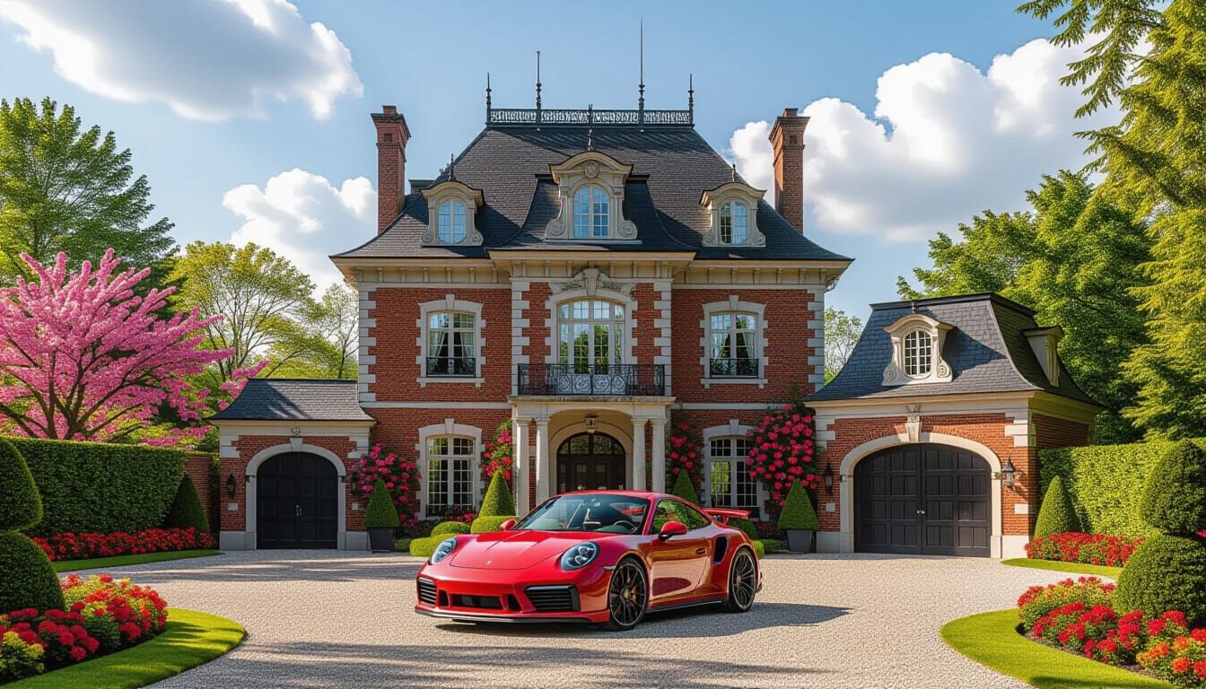 Victorian Chateau with Red Porsche 911