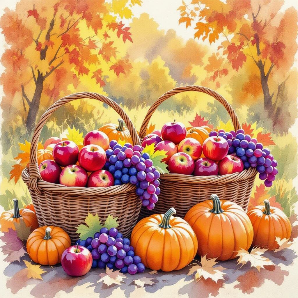 Bountiful Autumn Harvest in Expressive Watercolor