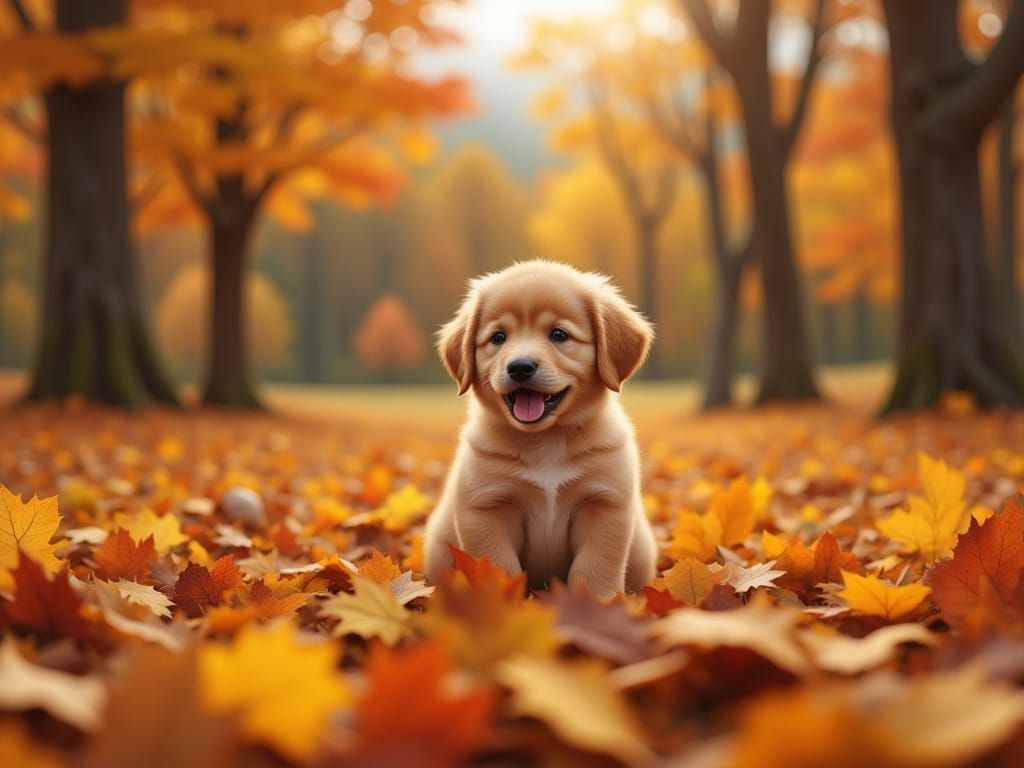 Adorable Boy and Puppy in Autumn Leaves