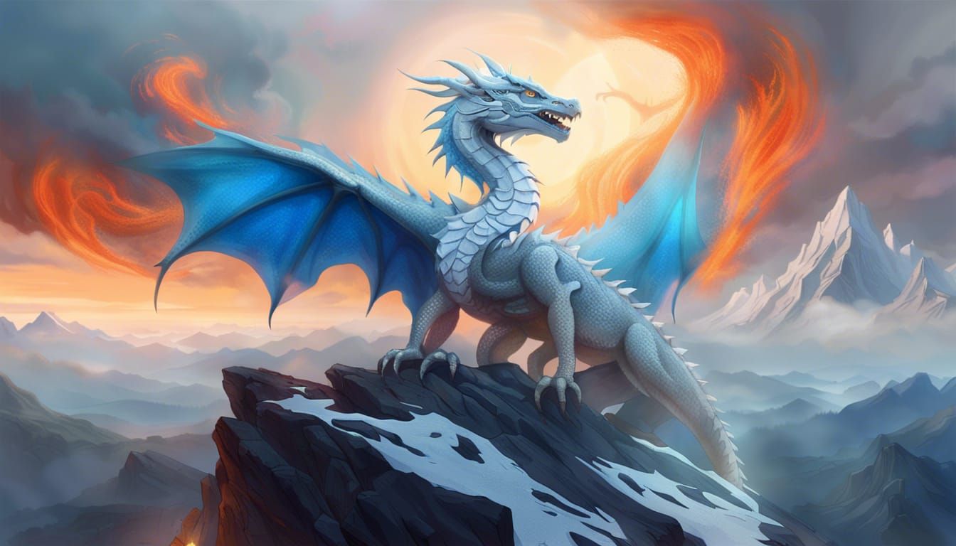 White Dragon with Blue Eyes on Mountain Peak