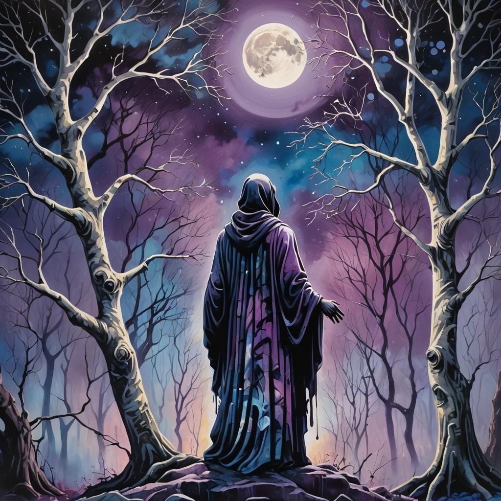 Mystic Figure Under Full Moon in Graffiti Art