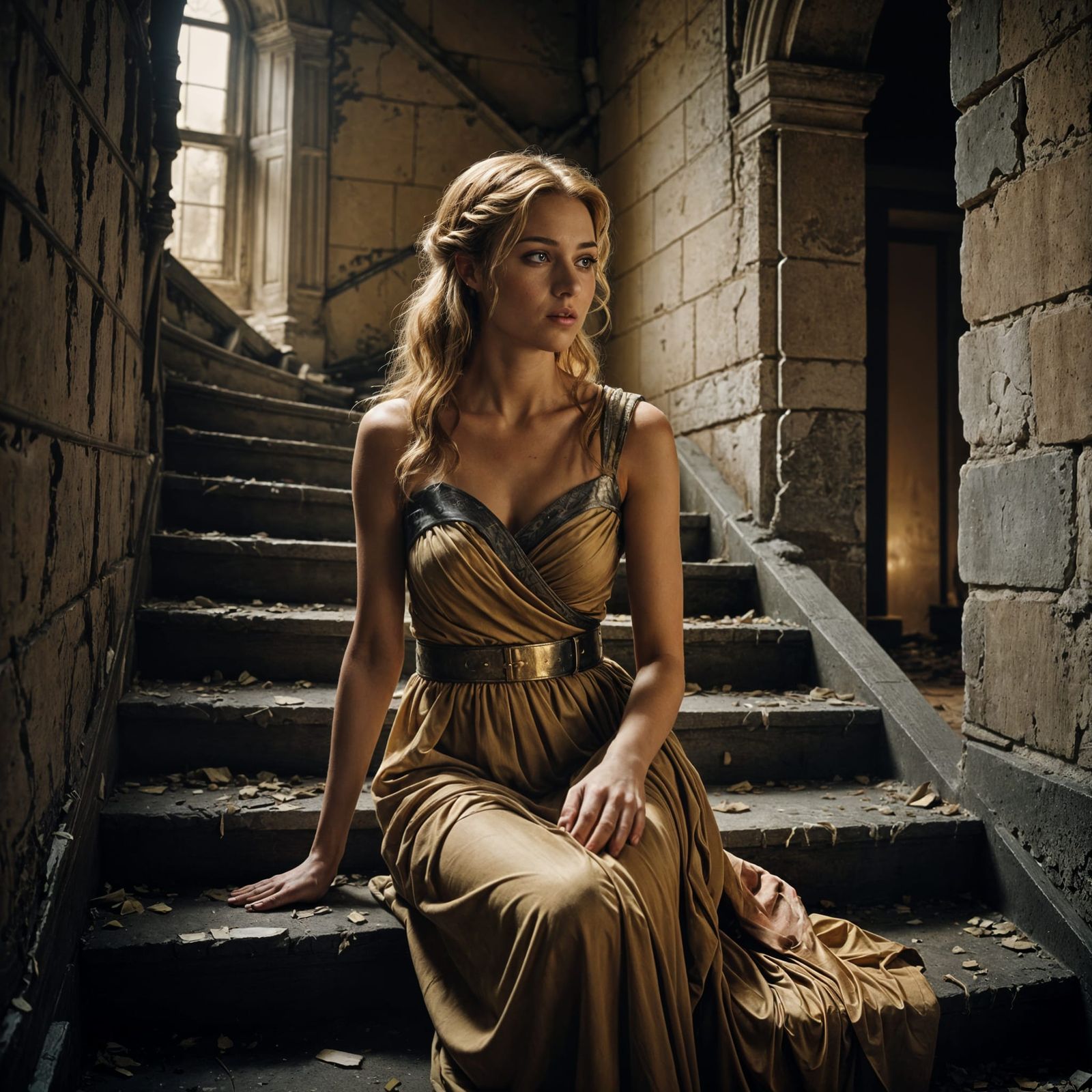 Glamorous Woman in Dilapidated Mansion