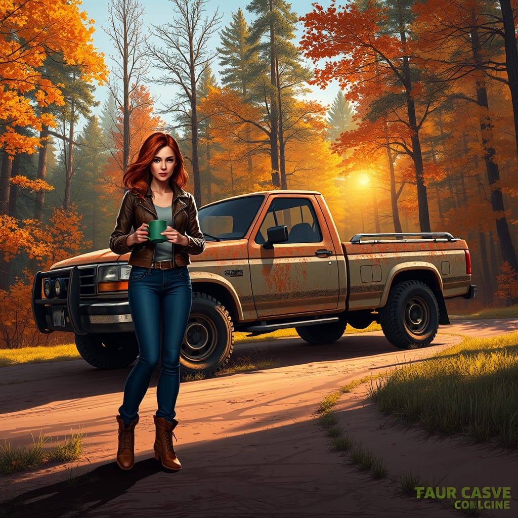 Rugged Pickup Truck and Woman in Autumn Forest