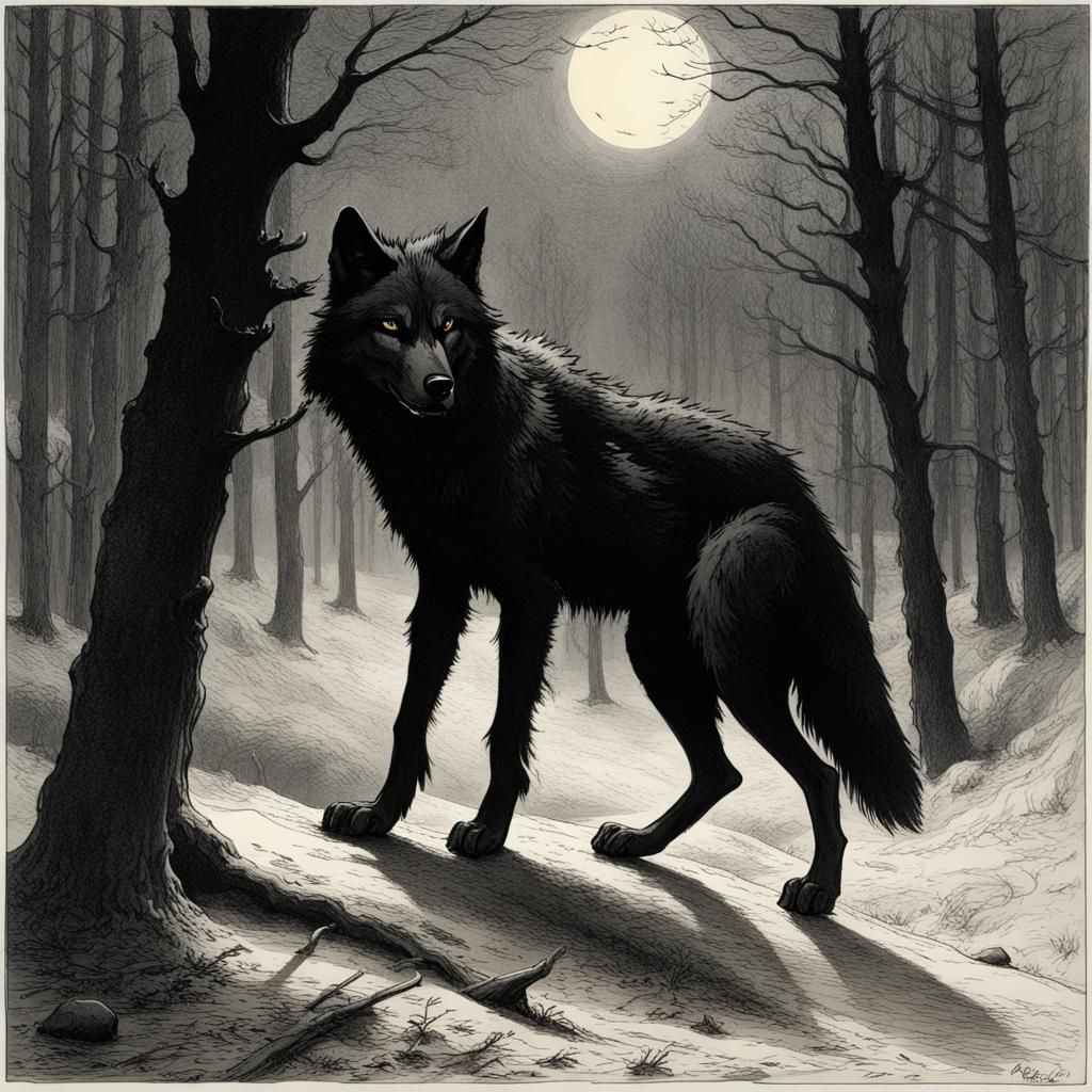 Pale Girl and Black Wolf in Dark Woods