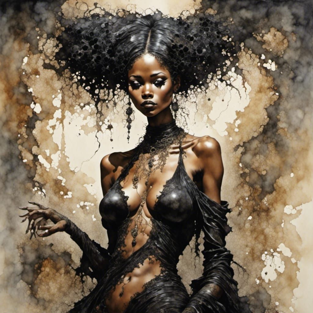 Dissolving Goth Woman in Watercolor Style