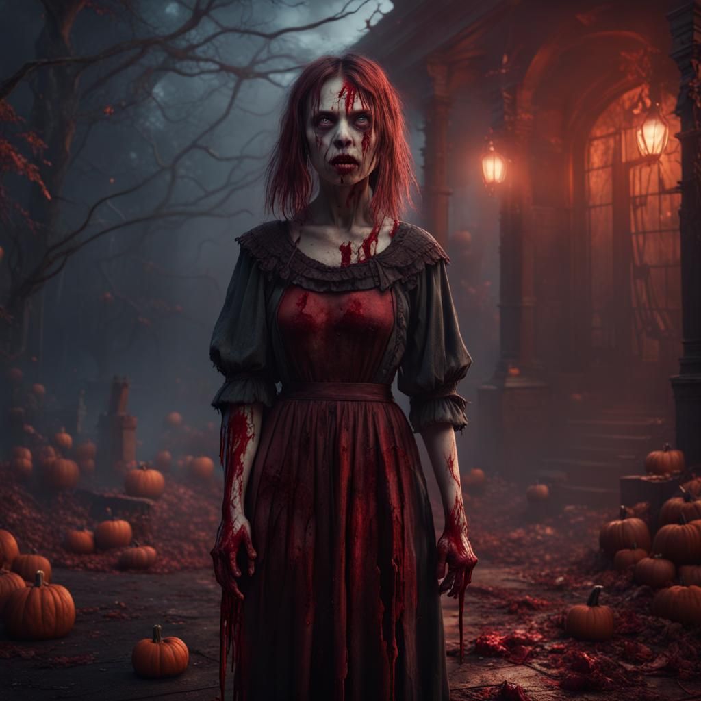 Scared Bloody Girl in Halloween Matte Painting