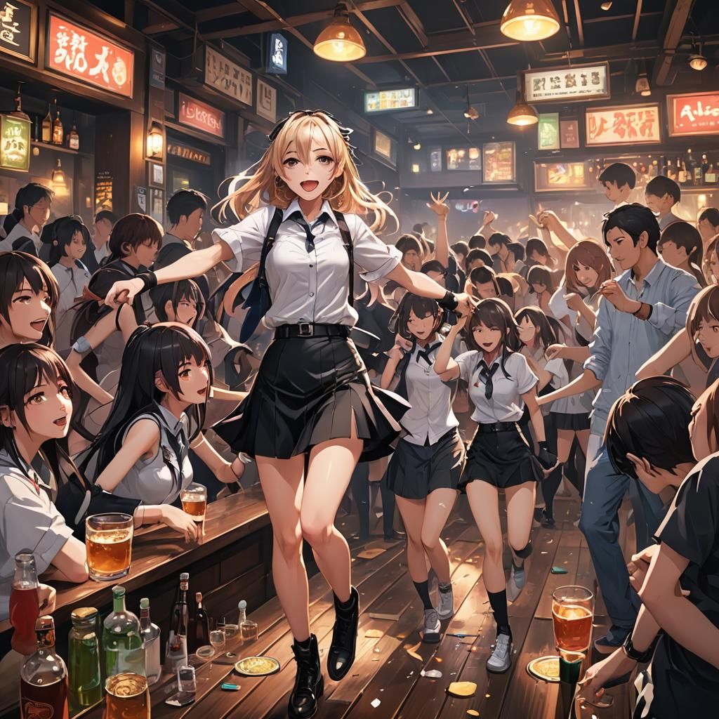 Anime Style: Dancing Figures in a Graffiti Bar