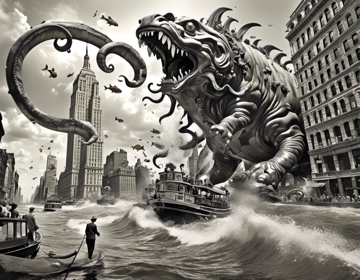 Sea Monster Attacks New York in Surreal Style