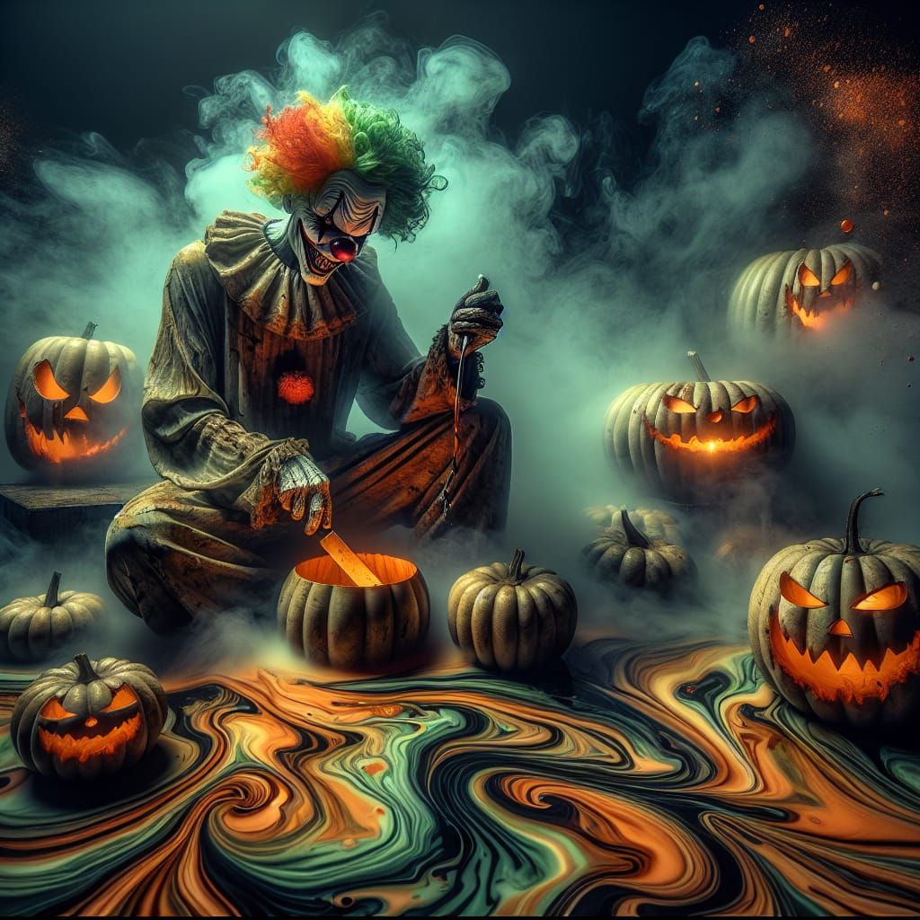Surreal Halloween Clown Carving Jack-o'-Lantern in Fog