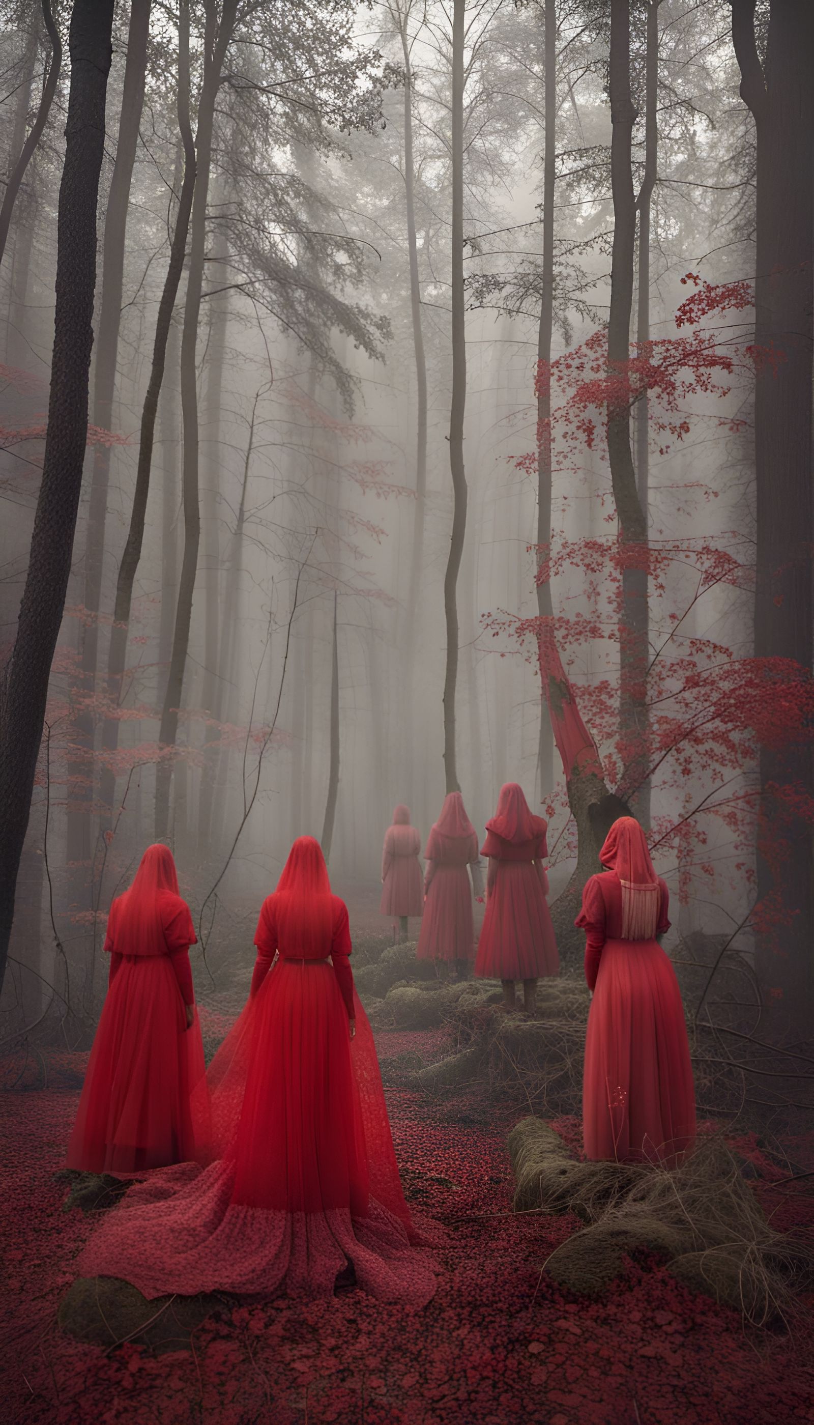Ethereal Bridal Gathering in Red Forest