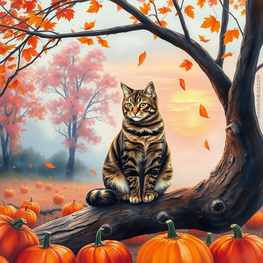 Striped Cat in Autumnal Watercolor Landscape