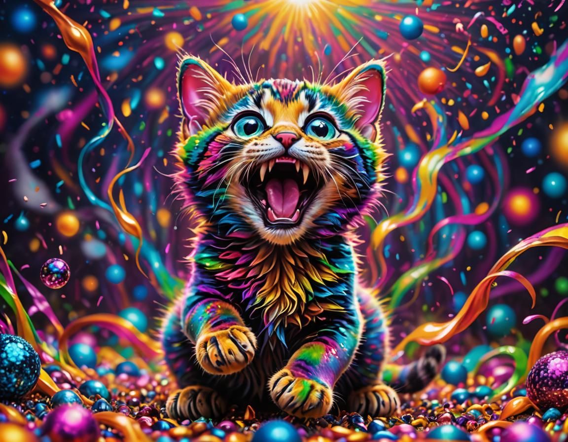 Glitter Kitten Pouncing in Vaporwave Style