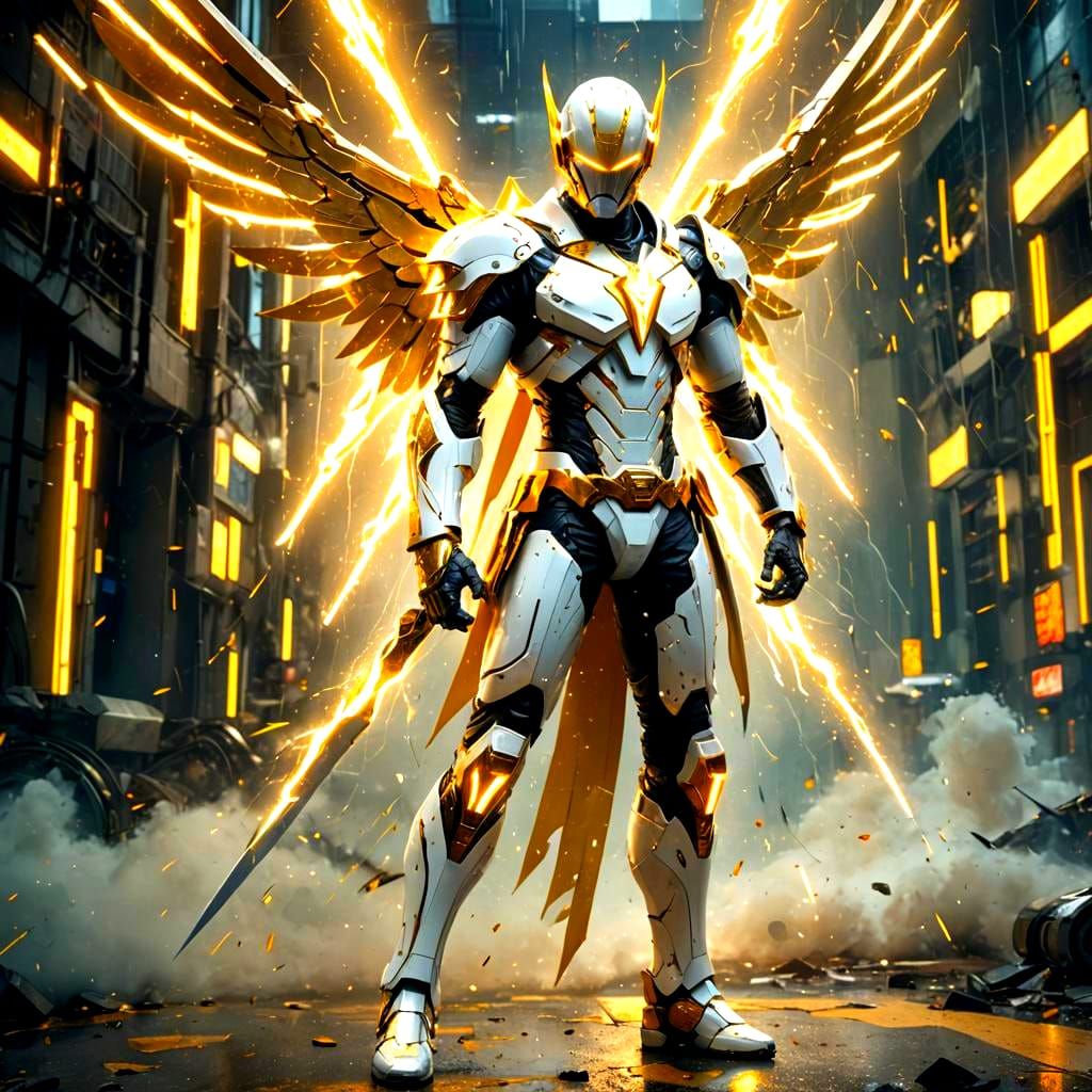 Cybernetic Superhero Swordsman in White and Gold