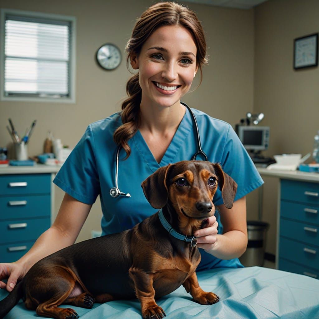 Veterinarian Woman Examining a Dachshund in Cinematic Film S...