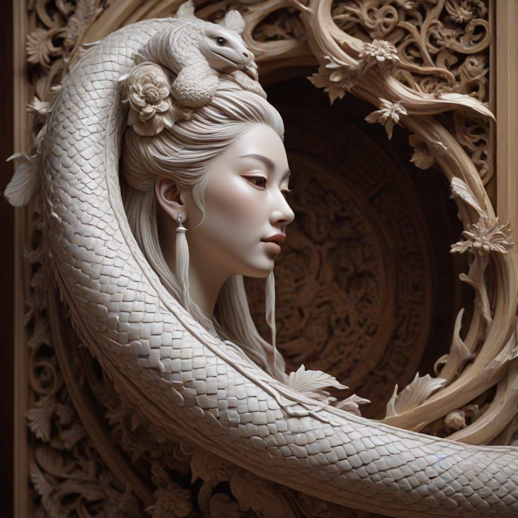 Detailed Wood Carving of Lady White Snake in Leifeng Tower