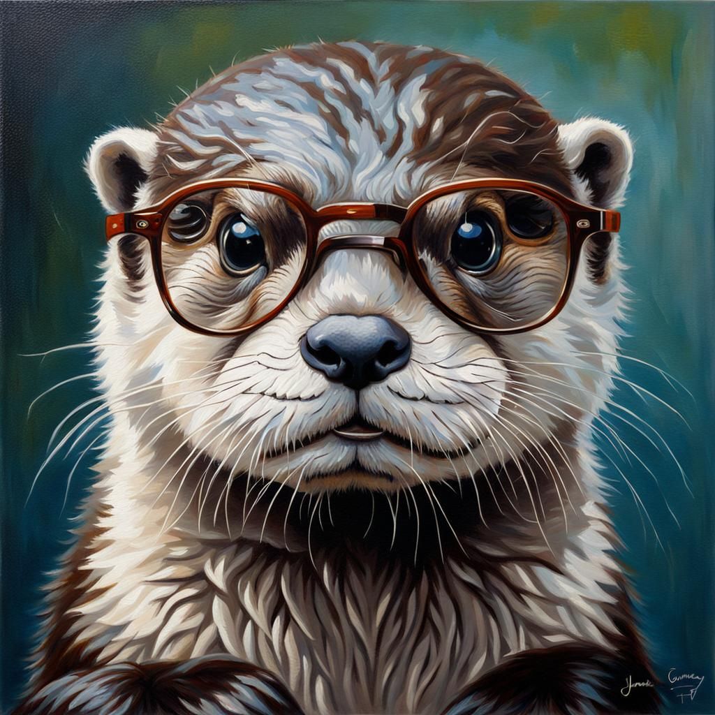Baby Otter with Glasses in Oil Painting Style