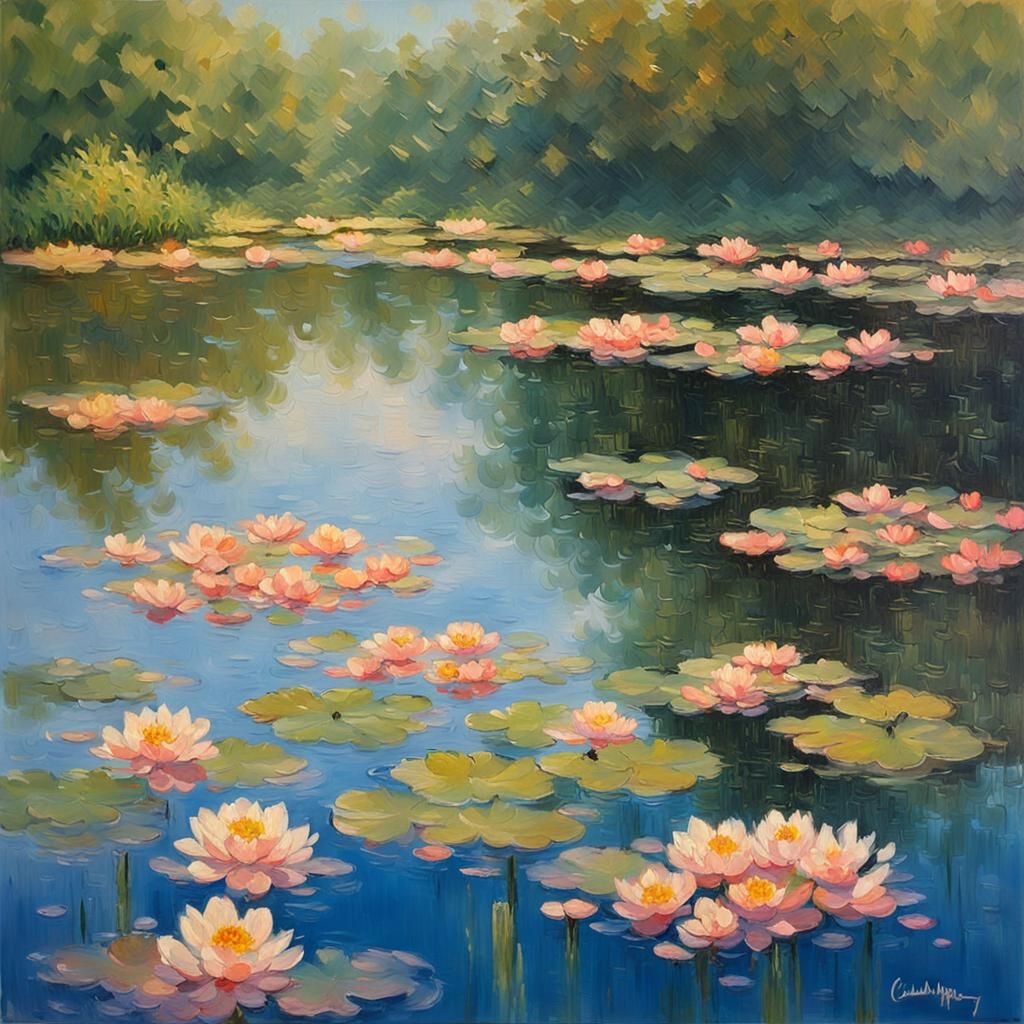 Lotus Lake after Rain: Impressionist Oil Painting