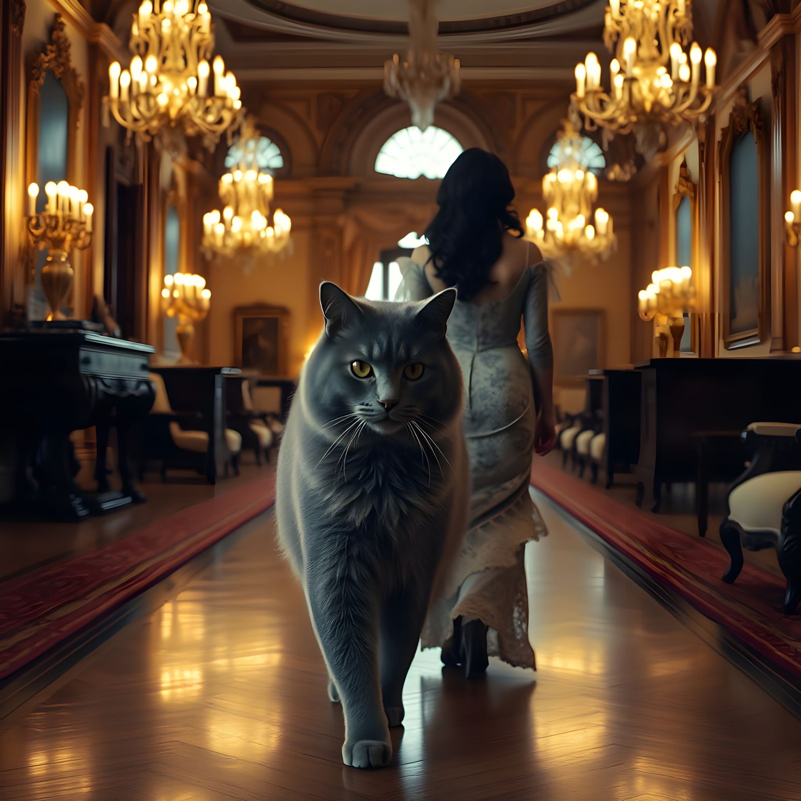 A giant grey house cat walking beside a dark brown haired woman in a mansion
