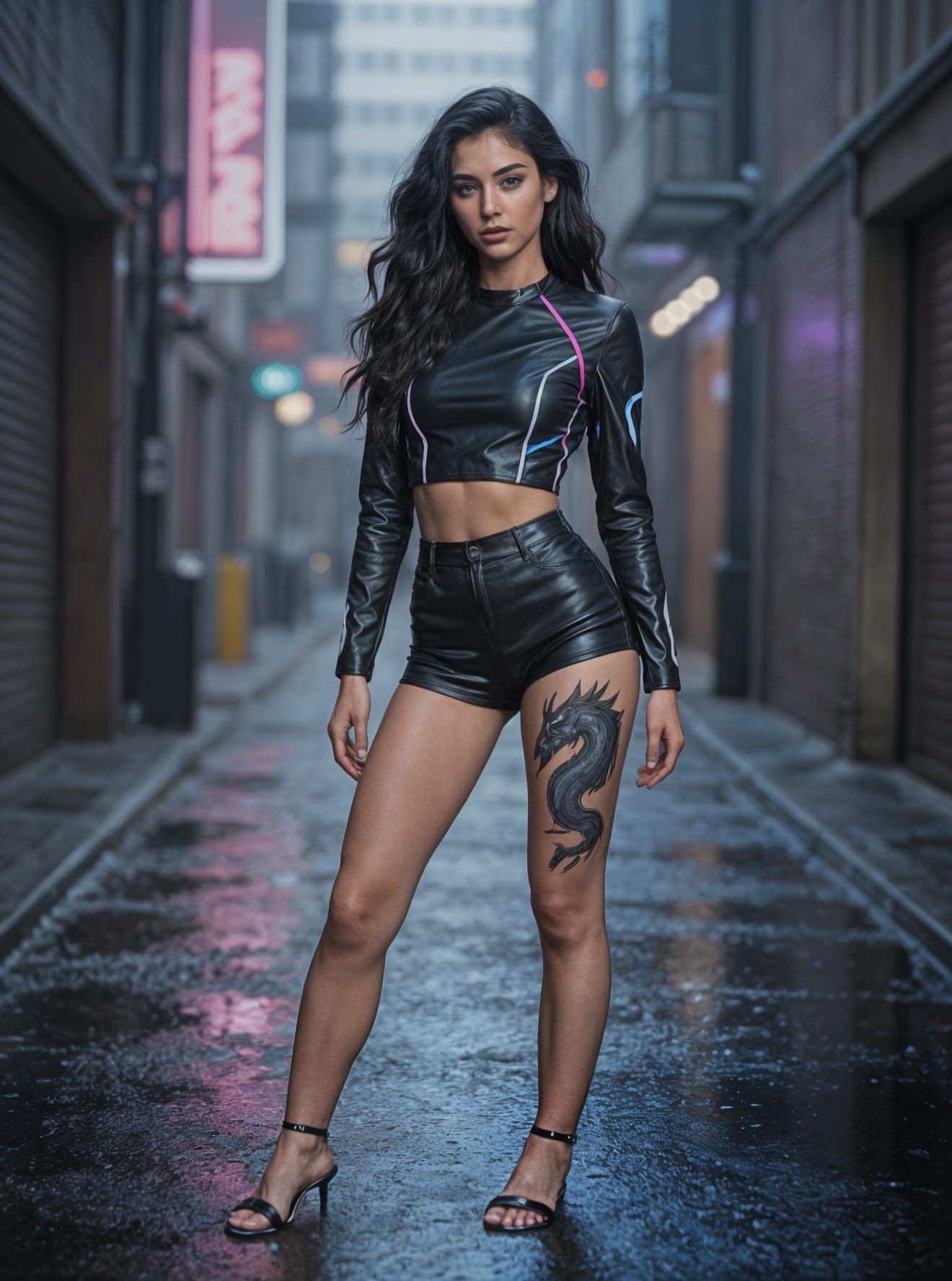 Hyperrealistic Fashion Model in Neon Alley