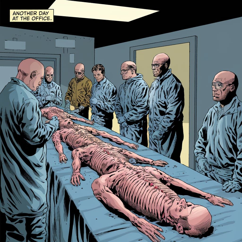 Anatomy Lab Horror Scene in Biohazard Suits