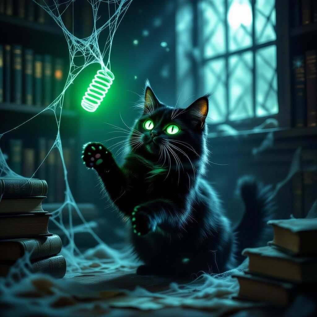 Mischievous Black Cat Plays With Glowing Spring Toy