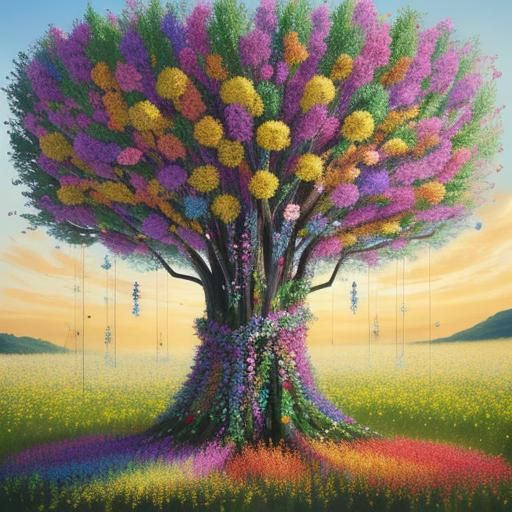 Mystical String Art Tree in Flower Meadow
